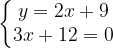 \dpi{120} \left\{\begin{matrix} y=2x+9\\ 3x+12=0 \end{matrix}\right.